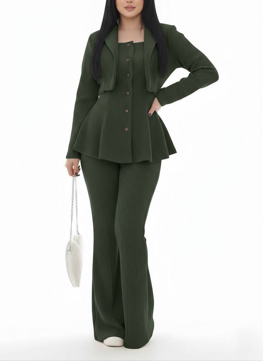 ست سه تیکه شیک پاییزی شامل کت کوتاه،جلیقه دکمه دار و شلوار راسته دمپا گشاد جنس کبریتی پیچکی بسیار شیک و خاص